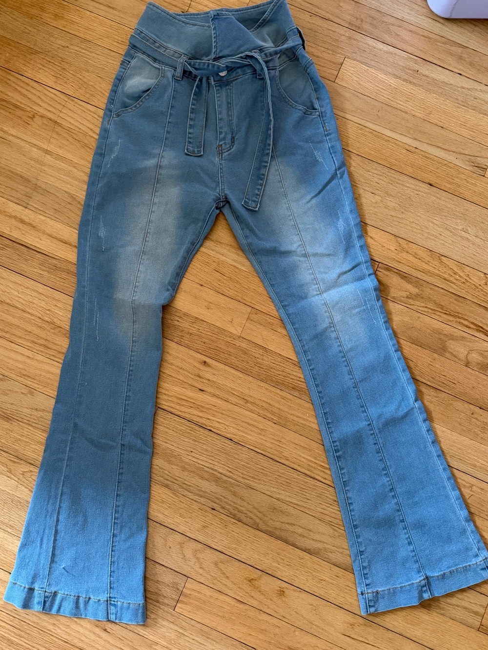 Source Unknown Light Blue High-Waist Tie-Belt Flare Jeans